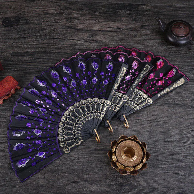 cheap Chinese Style Elegant Colorful Fans Embroidered Flower Peacock Pattern Sequin Fabric Folding Handheld Hand Fan Hand Crafted
