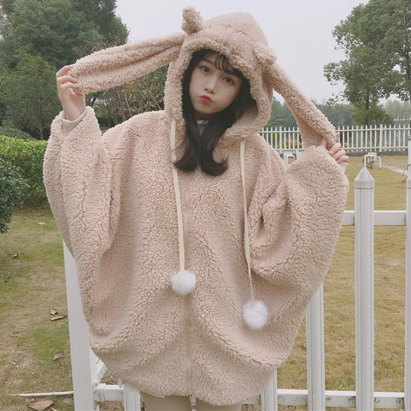 

Autumn winter fashion Sweatshirt sweet loose Medium long section Bubble velvet thick cute rabbit ears hooded plush coat female