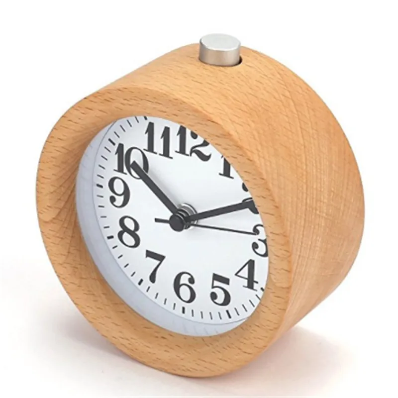 

Handmade Classic Small Round Wood Silent Desk Alarm Clock With Desk Lamp For Home