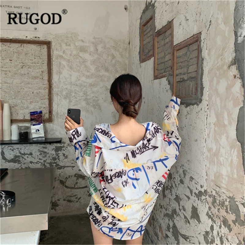 

RUGOD 2019 New Arrival Women Letter Irregular Print Loose Shirt Turn-down Collar Long Sleeves Slim Blouse Age-decreasing Stylish