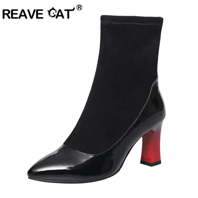 

REAVE CAT Genuine leather suade ankle boots for woman pointed toe red high heel sock boots black sexy High Block Heel Shoes