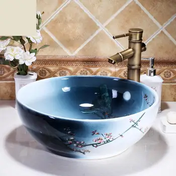 

Ceramic Wash Basin Hand Painted Chinese Blue And White round plum blossom art bathroom sinks wash basin