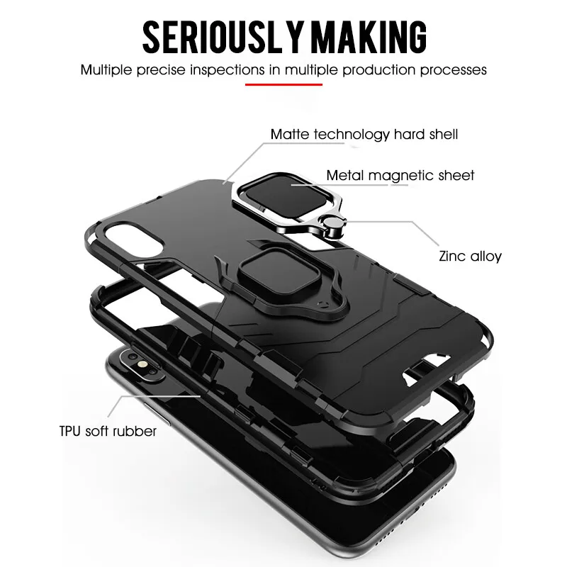 Stoßfest Rüstung Stehen Fall auf Für iphone X XS MAX XR Mit Magnetischer Halter Ring Abdeckung Fäll
