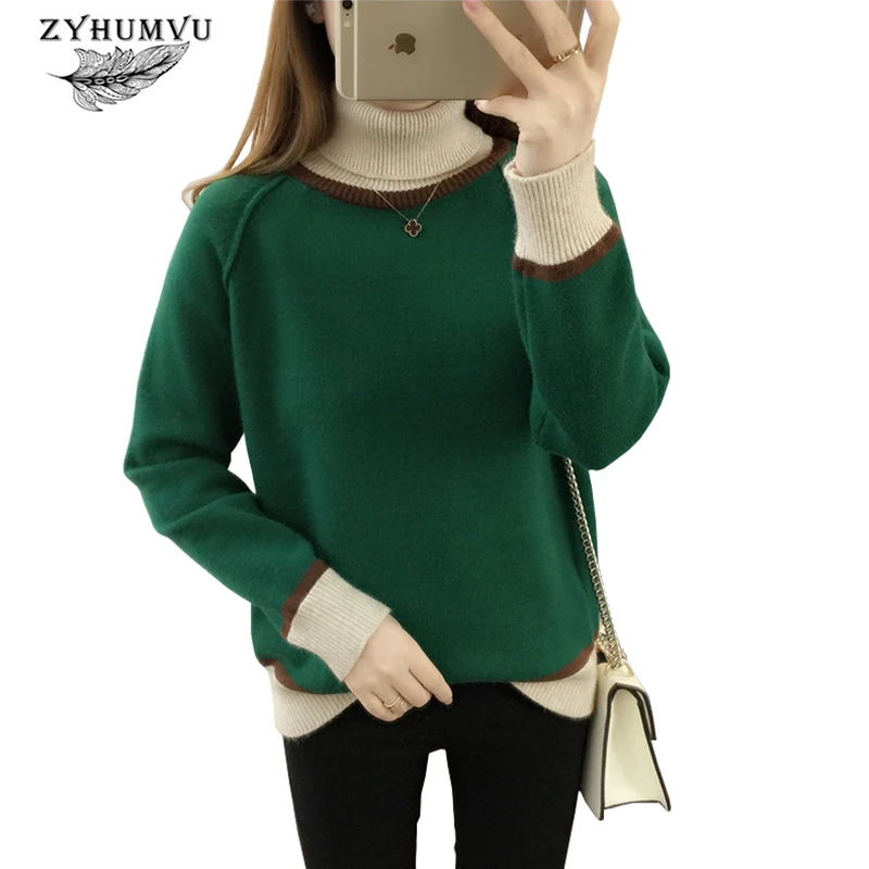 Winter Women Knitted Turtleneck Sweater 2018 New Colorblock Elastic Loose Wild Ladies Sweaters Warm Pullover Tricot Jumper ZY528 | Женская