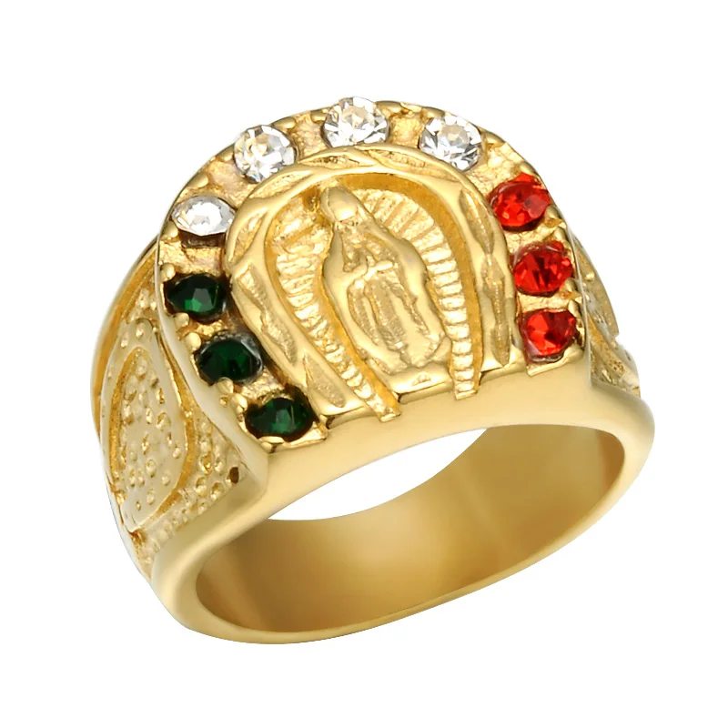 

HIP Hop IP Gold Filled Titanium AAA Cubic Zircon Lucky Goddess Male Ring Iced Out Bling Patron Saint Rings for Men Jewelry