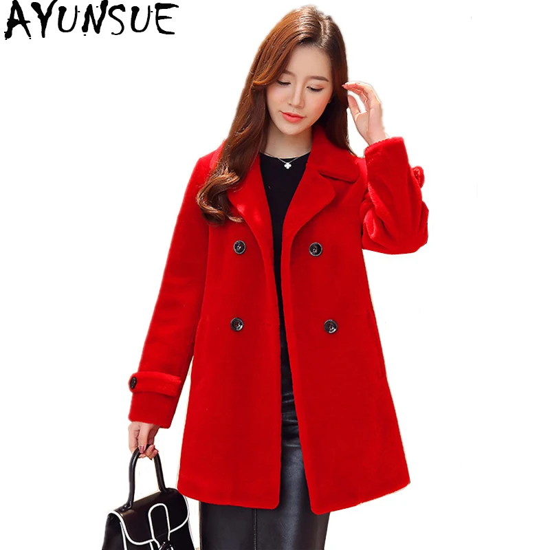 

AYUNSUE Women's Fur Coat Real Wool Jackets Sheep Shearling Coats 2019 New Autumn Winter Jacket Women Long Trench Female S909