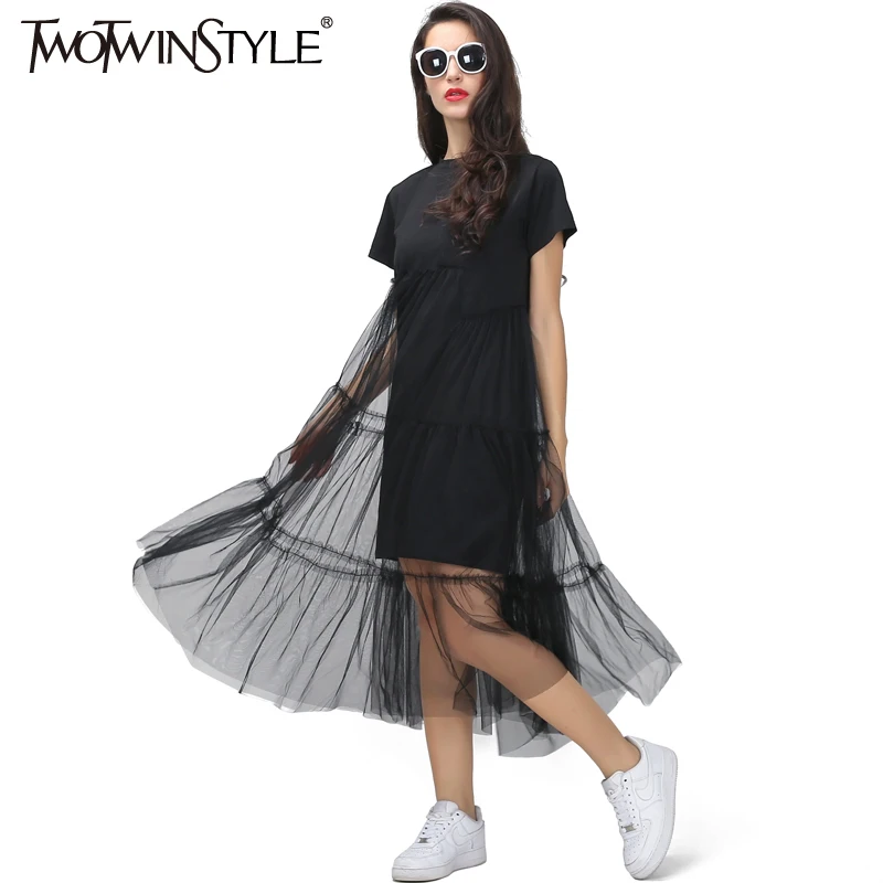 Comprar TWOTWINSTYLE verano coreano empalme plisado tul T shirt Vestido Mujer tamaño grande negro gris Color ropa nueva moda 2019
