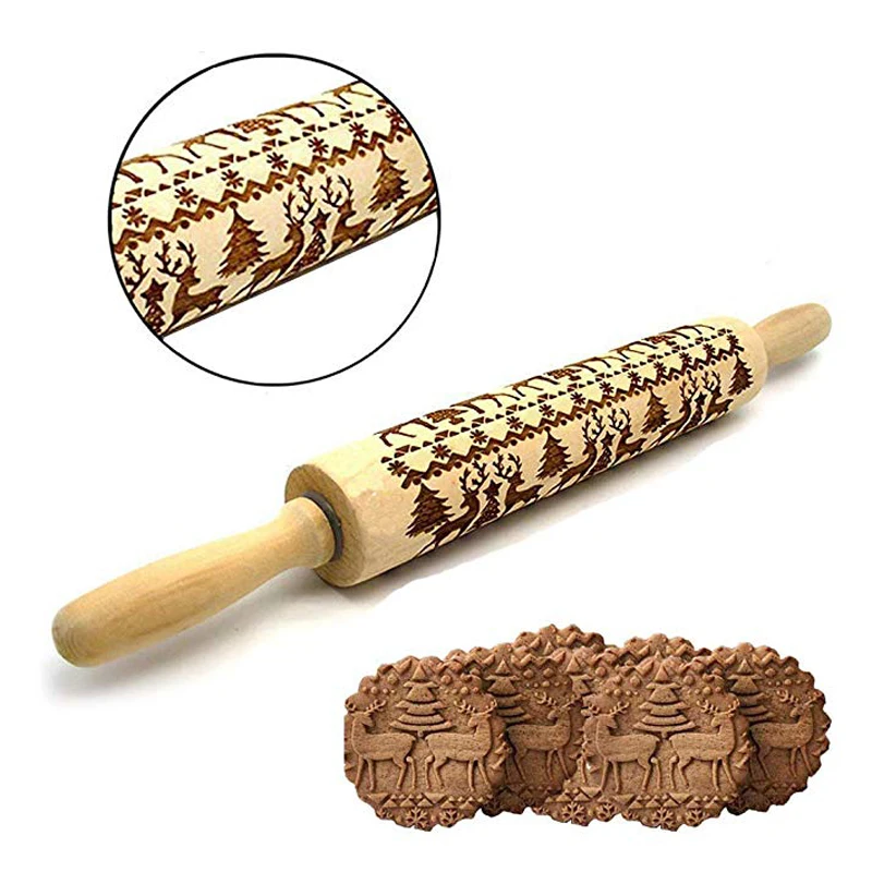 Upors 35*5cm Embossing Rolling Pin With Engraved Christmas Pattern For