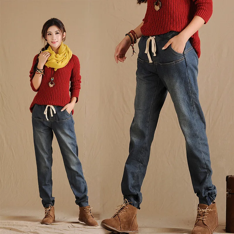 Goedkoop Elastische Taille Winter Jeans Broek Losse vrouwen Harembroek Broek Plus Dik Fluwelen Warme Straight Denim Jeans Leggings C1505
