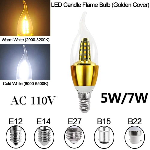 E14 светодиодный лампы в форме свечи лампы светильник E27 энергосберегающая лампа 220V 3W 5 Вт 7 Вт E12 B15 B22 Bombilla Lampara люстра домашнее украшение точечный светильник - Испускаемый цвет: Golden Flame 110V