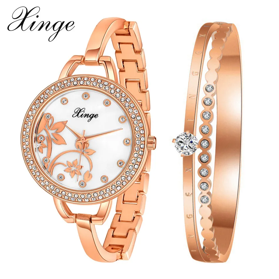 

Xinge Brand Women Rose Gold Casual Watch Jewelry Quartz Bracelet Watch Set ladies Dress Minimalist Gold Wristwatch