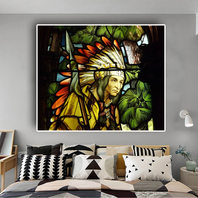 

Native Indian Portrait Green Plant Canvas Painting Posters and Prints Scandinavian Pop Art Wall Picture for Living Room