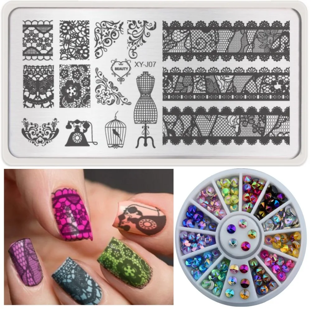 DIY Nail Art Plate Stamp Stamping Set+Colorful Sharp Crystal AB 3d Nail