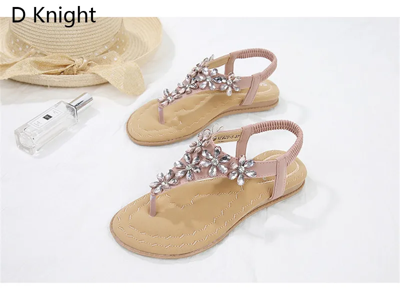  Women Bohemian Crystal Sandals Flat Heel Summer Woman Thong Sandals Flip Flops Comfort Black Lady Shoes Sandal Plus Size 35-42 (14)