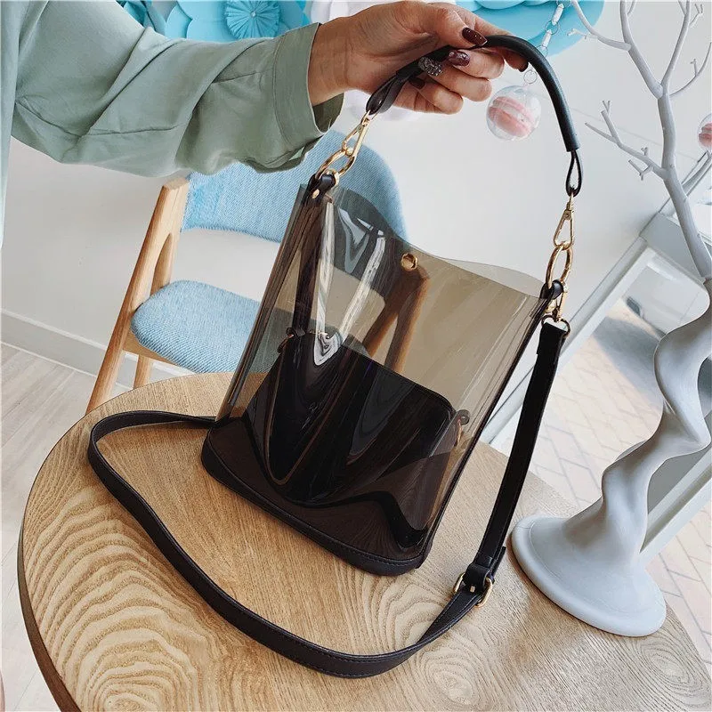 Herald модная женская прозрачная сумка на плечо, 2 шт., летняя пляжная сумка, женские сумки-мессенджеры, Bolsa Feminina - Цвет: Черный