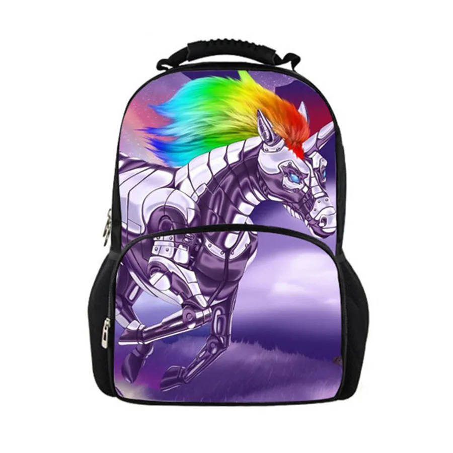 Purple Diamond Horse Unicorn Shoulder Backpack Messenger Crossbody Laptop Bag Student Bookbags for Kid Girls Boys