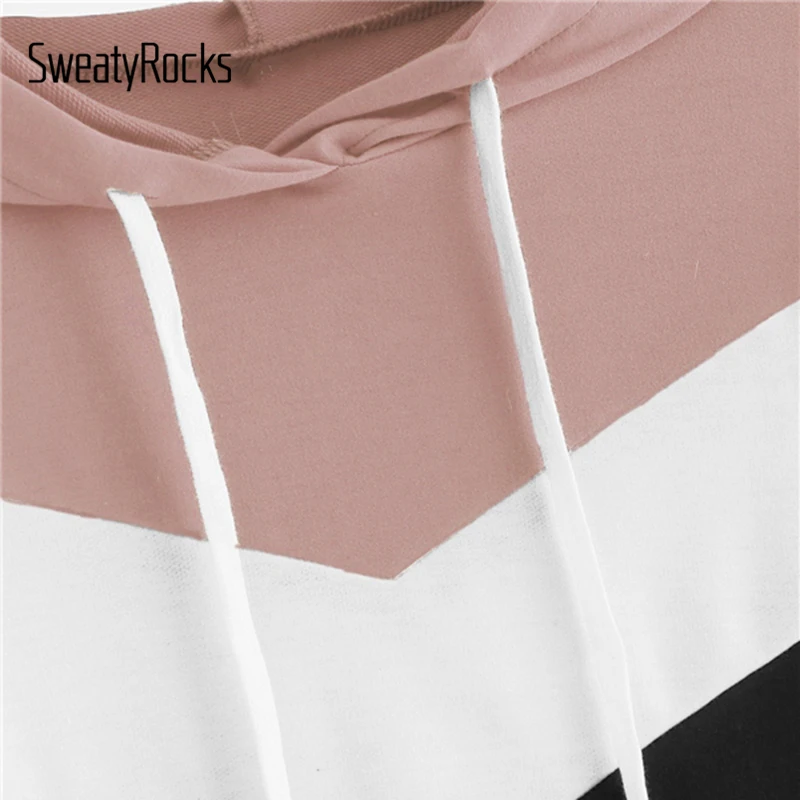 SweatyRocks عارضة Colorblock الرباط هوديي البلوز كم طويل البلوز القمم 2018 الخريف ملابس رياضية نسائية بلوزات
