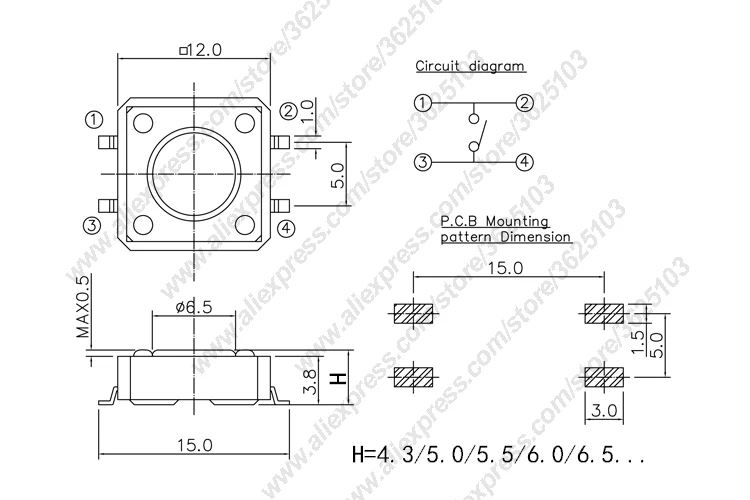 10 шт./лот SMD 12x12 H = 4,3 мм/4,5 мм/5 мм/6 мм/7 мм/8 мм~ 15 мм тактильная тактовая кнопка микропереключатель мгновенного действия Кнопка Медная головка