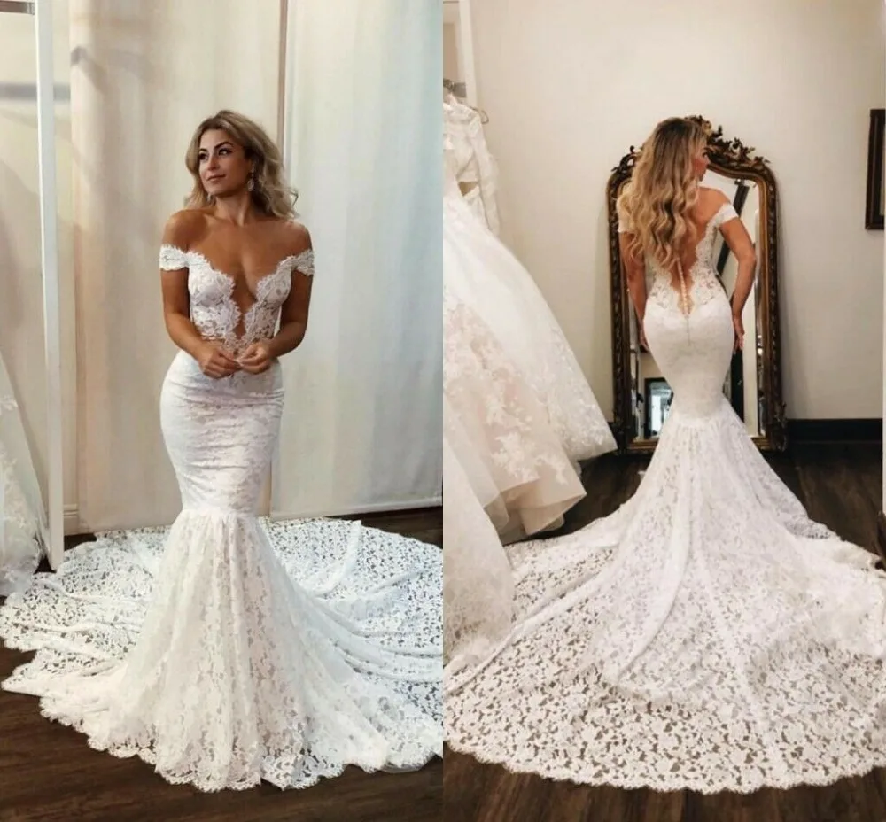 41-1     Sexy Beach Wedding Dresses Mermaid Off the Shoulder Button Back Custom Plus SIZE