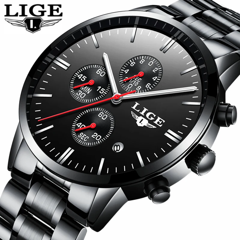 

LIGE men's watch top brand luxury stainless steel sports waterproof military watch men's quartz clock relogio masculino + box