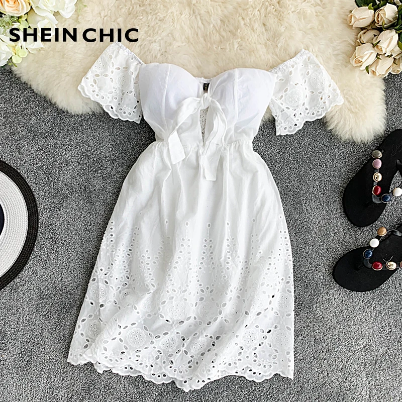 

Vintage White Hollow Out Women Mini Dress 2019 Summer New Beach Party Casual Dress Sexy Slash Neck Off Shoulder Verano Vestidos