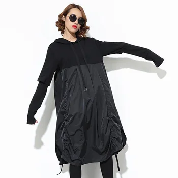 

Maternity New Spring Hooded Long Sleeve Drawstring Black Fold Split Joint Loose Long Dress Women Fashion Tide