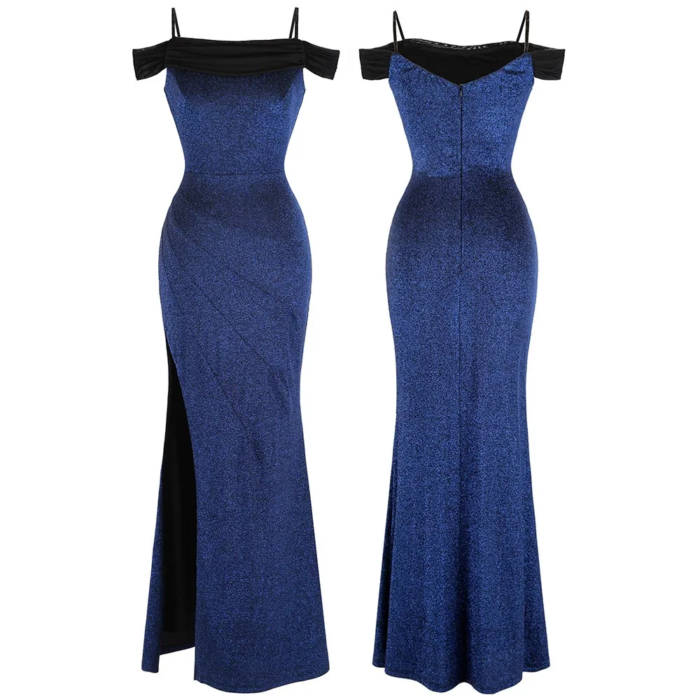 Angel-Fashion женское Плиссированное длинное вечернее платье-Русалка с вырезом лодочкой и разрезом голубое 430 388 - Цвет: Blue