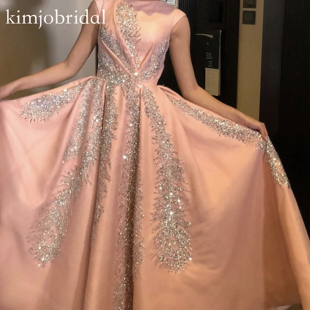 beaded prom dresses 2019 high neck satin crystal a line sparkly sequins evening balo elbiseleri | Свадьбы и торжества