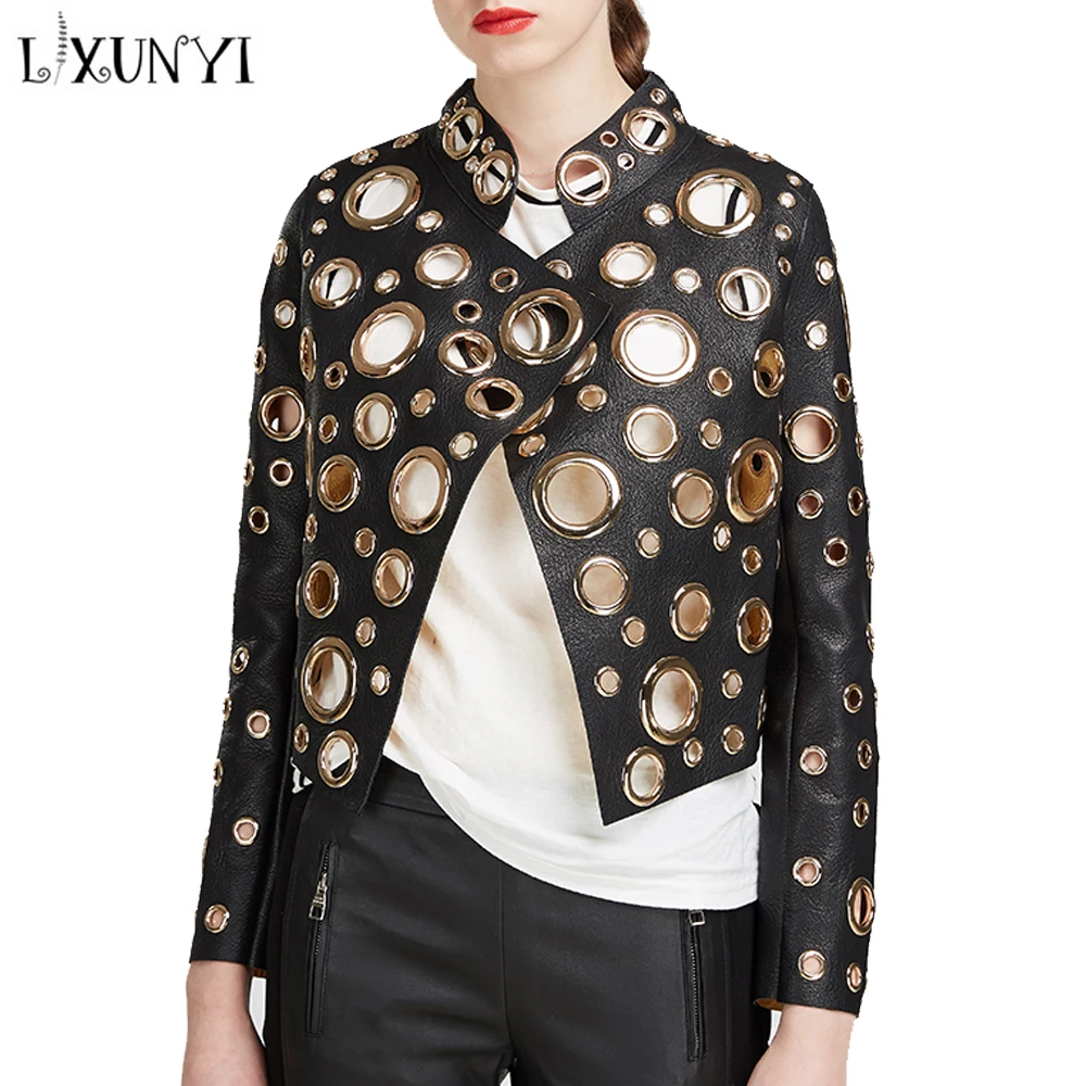 

LXUNYI New Matel Ring Gothic Faux Leather Jacket Women Open Stitch Evening Jackets Ladies Stand Collar Pu Leather Top Crop Mujer
