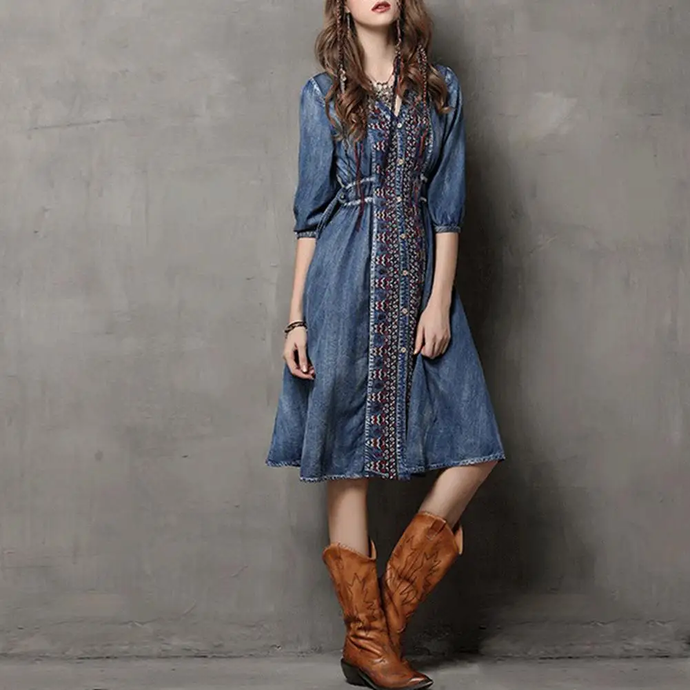 

2019 New Yfashion Women Fashion Embroidered Denim Dress Drawstring Retro Dress