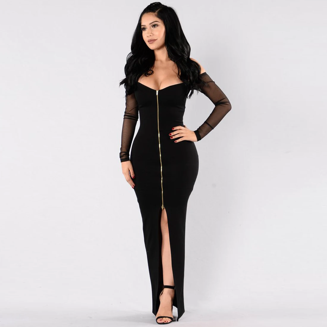 Womens long sleeve long black dress w v neck mesh