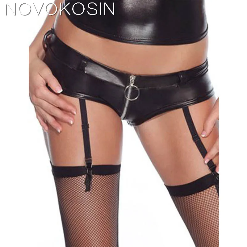 

OYP61 2017 New Fashion Black Faux Leather Crotch With Garter Sexy Cute Panties Women Plus Size Latex Zipper Underwear