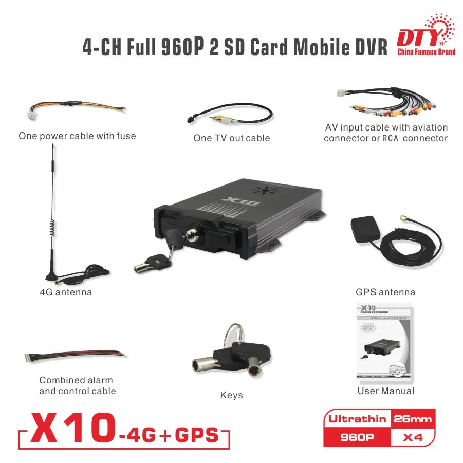 4 pin авиации разъем мини CMS шины DVR наблюдения, x10s-4G Kit (X10S-4G DVR + 4 AHD камера + 5 м удлинитель)