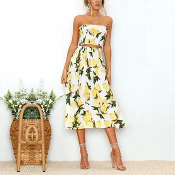 

Sweet Dress Sets Sexy strapless printed lemon Sunflower strapless back two-piece Sets