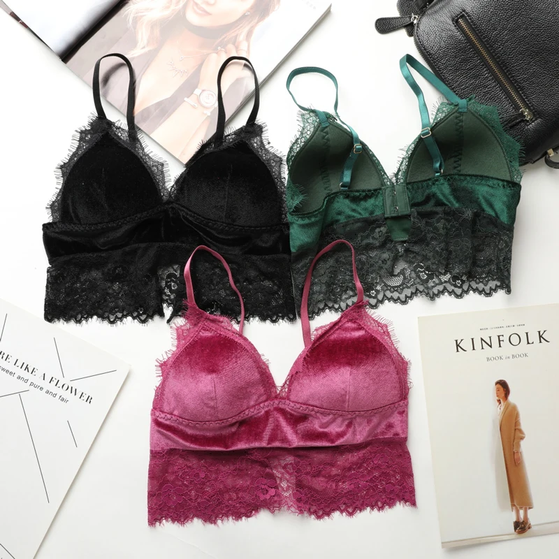 

Wriufred Gold Velvet Stitching Lace Bra Sexy Lace Sleepwear Women Plus Size Bralette Winter Underwear Deep V Push Up Bra OneSize