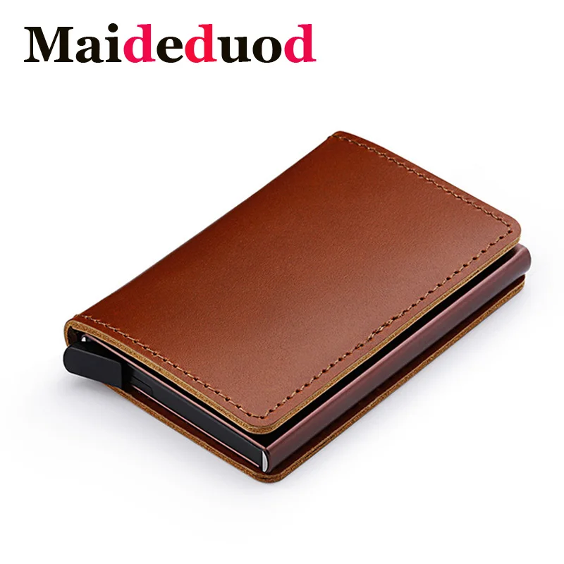 

Maideduod RFID Blocking 100% Genuine Leather Credit Card Holder Aluminum Metal Business ID Cardholder Slim Card Case Mini Walle