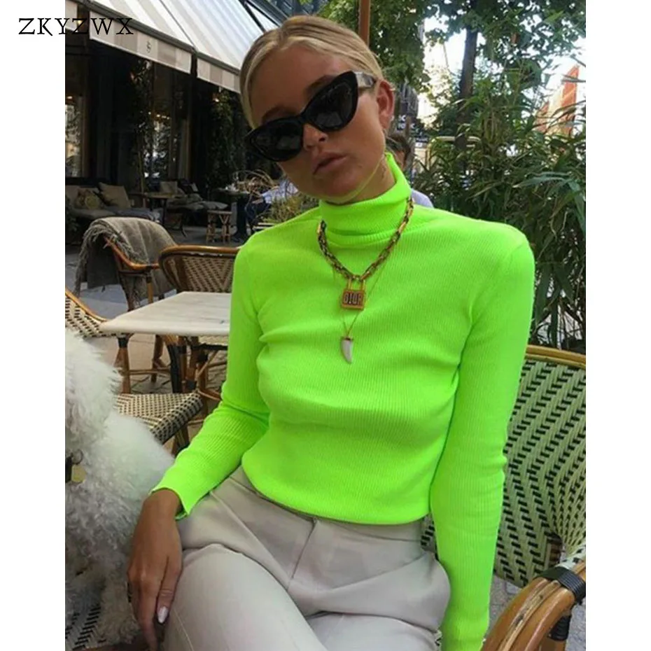 

ZKYZWX Spring Knitted Sweater Womens Turtuleneck Long Sleeve Clothing Casual Knit Femme Pullovers Streetwear Neon Green Sweaters