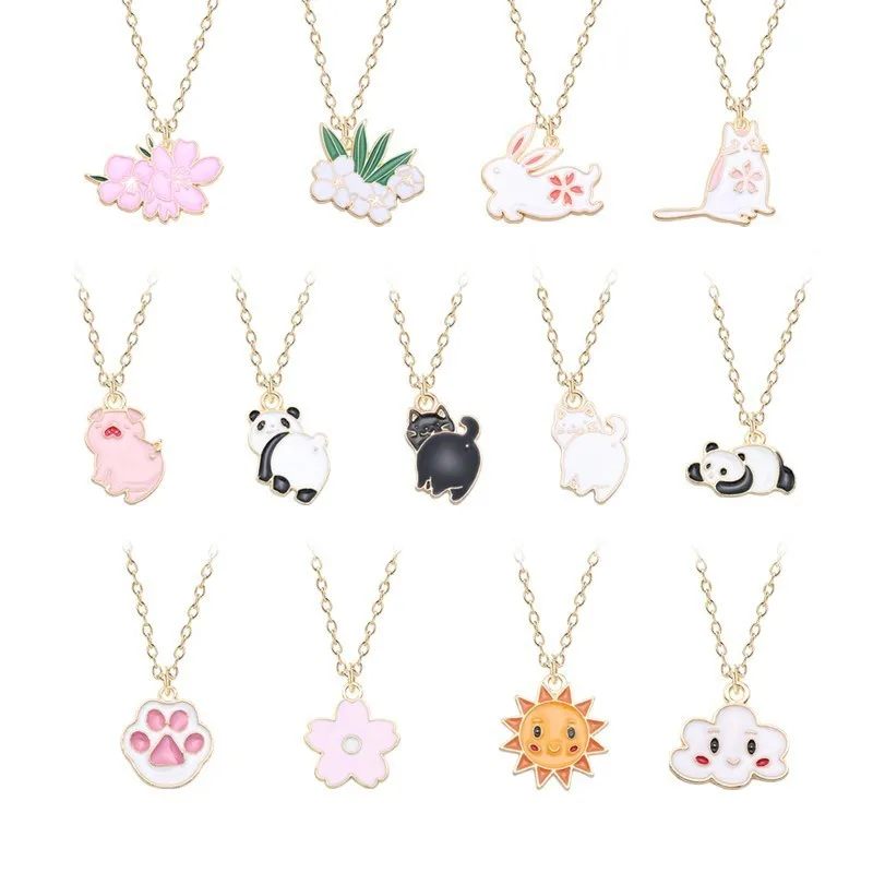 

Trendy Cute Necklaces For Women Kawaii Japanese Drip Alloy Pendant Cartoon Animal Rabbit Cat Flower Cloud Sun Panda Pig Dag Paw