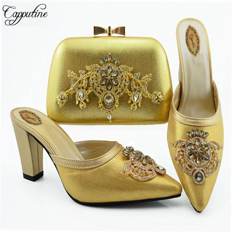 Fashion Elegant Rhinestone Woman Shoes And Matching Bags Set Size 38-43 Italy Style High Heel Shoes And Bags For Wedding SL009