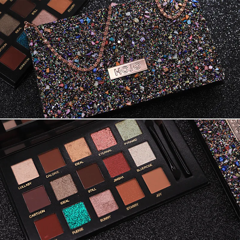 HOJO 15Color Nude Matte Eye Shadow Palette Chain Look Loose Pressed Glitter Shiny Powder Eyeshadow Shimmer Makeup Kit with Brush