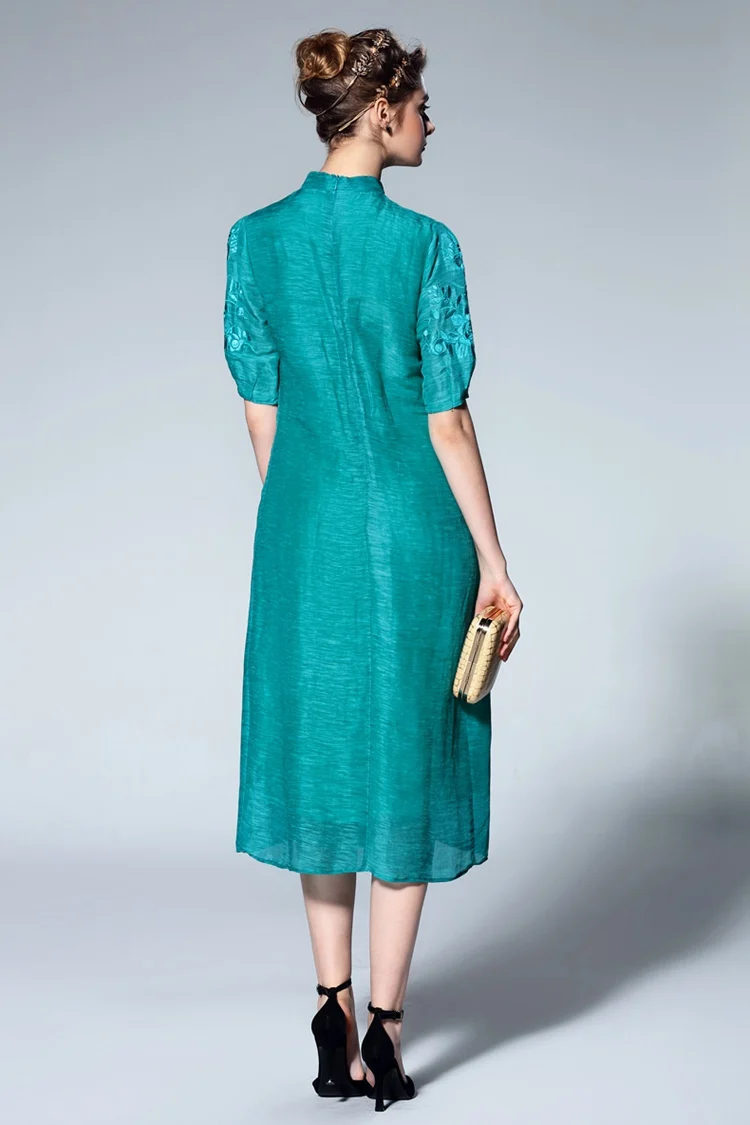 Grey Vintage Embroidery Stand Collar Shift Dress (4)