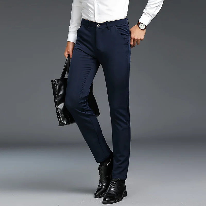 AIRGRACIAS Men Pants High Quality Cotton Casual Pants Stretch male trousers man long Straight Trousers solid color suit pant - Цвет: 667Navy blue
