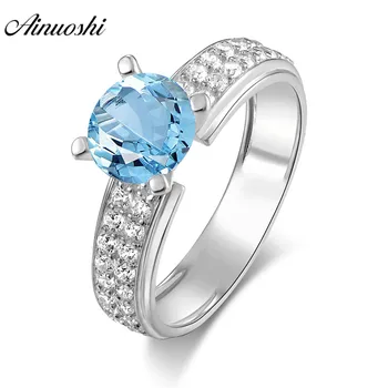 

AINUOSHI Natural Blue Topaz Ring Engagement Wedding Ring 2 Rows Drills 1.25ct Round Cut 925 Sterling Silver Jewelry Women Ring