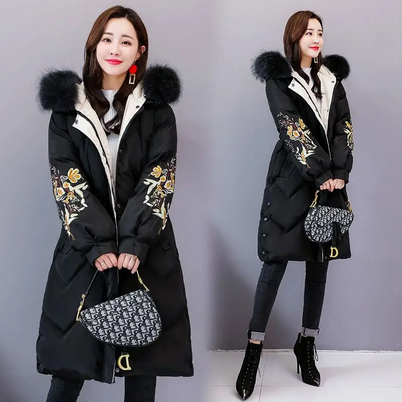 Manteau 2019 X118 ivoire Chaud Slim D'hiver Duvet Canard Fleurs wumai Épaissie Fourrure Outercoat Impression Long Col Blue À Femmes Big Capuchon De Noir rUxqBwXr8