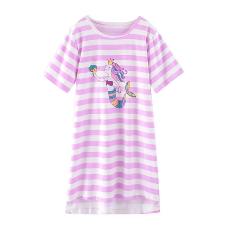Хлопковые ночные рубашки для девочек; летняя детская одежда; детская ночная рубашка; домашняя одежда для маленьких девочек; пижамы; платье; Ночные сорочки в полоску с героями мультфильмов - Цвет: Purple Mermaid