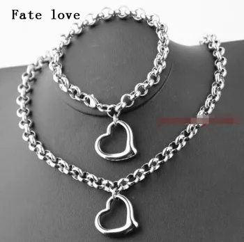 

Fate Love Stainless Steel Jewelry set Love Heart Tag Charms Bracelet + Necklace Round Rolo Chain Toggle Clasp Women