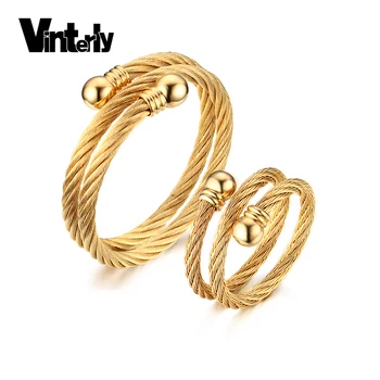 

Vinterly Black Gold Color Double Row Wire Charm Jewelry Set Stainless Steel Bangle Ring for Men Women