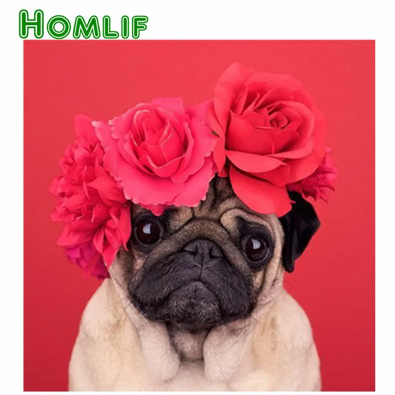 5D Diamond Painting Pug Puppies and Red Flowers Kit