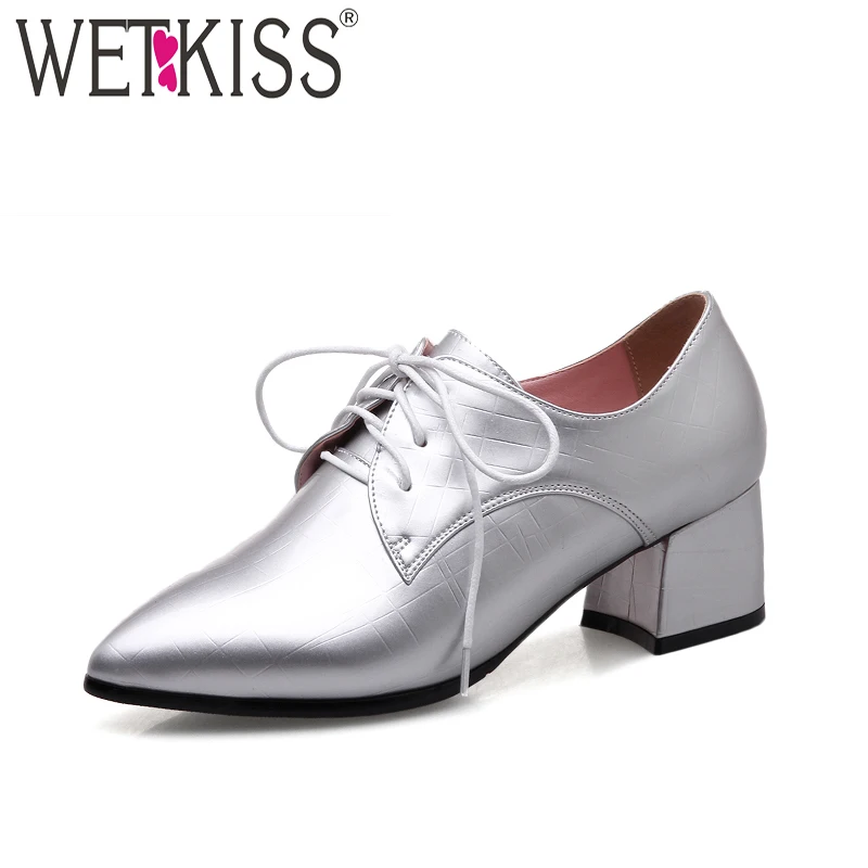 

WETKISS 2019 Fashion Thick Heels Women Pumps Pointed Toe Lace Up Hoof Heels Footwear New Spring Printing Female Shoes Big Size