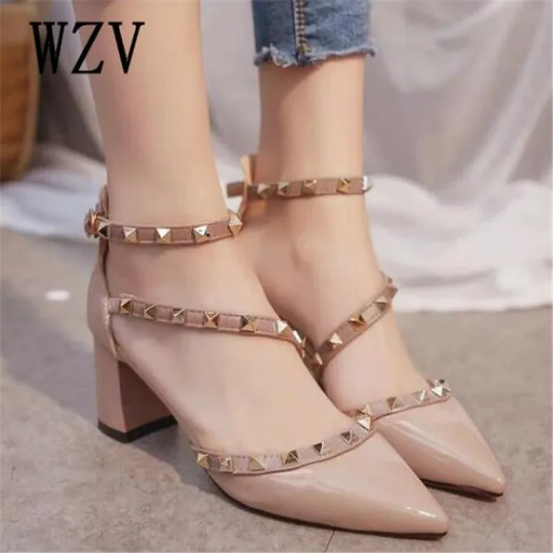 

NEW woman High heels shoes Ladies Sexy Pointed Toe pumps Buckle rivets nude heels dress wedding shoes Dropshipping